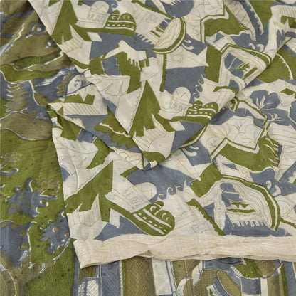 Sanskriti Vintage Sarees Indian Ivory Pure Silk Printed Sari 5 yard Craft Sustainable Fabric