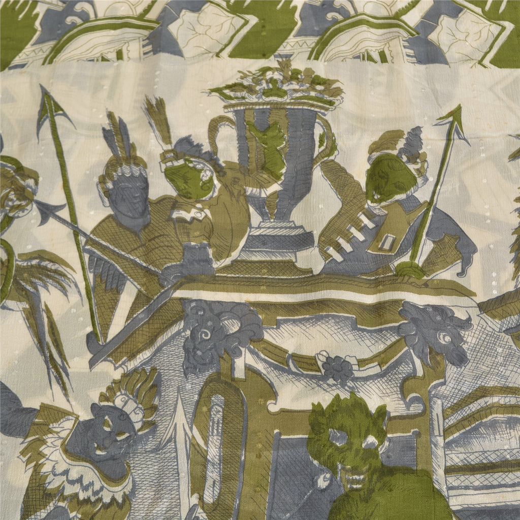 Sanskriti Vintage Sarees Indian Ivory Pure Silk Printed Sari 5 yard Craft Sustainable Fabric