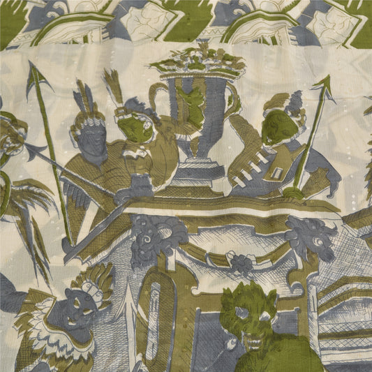 Sanskriti Vintage Sarees Indian Ivory Pure Silk Printed Sari 5 yard Craft Sustainable Fabric