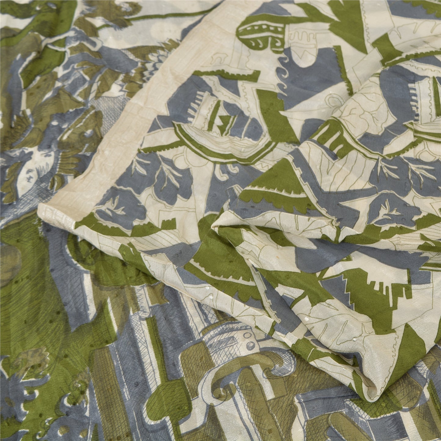 Sanskriti Vintage Sarees Indian Ivory Pure Silk Printed Sari 5 yard Craft Sustainable Fabric