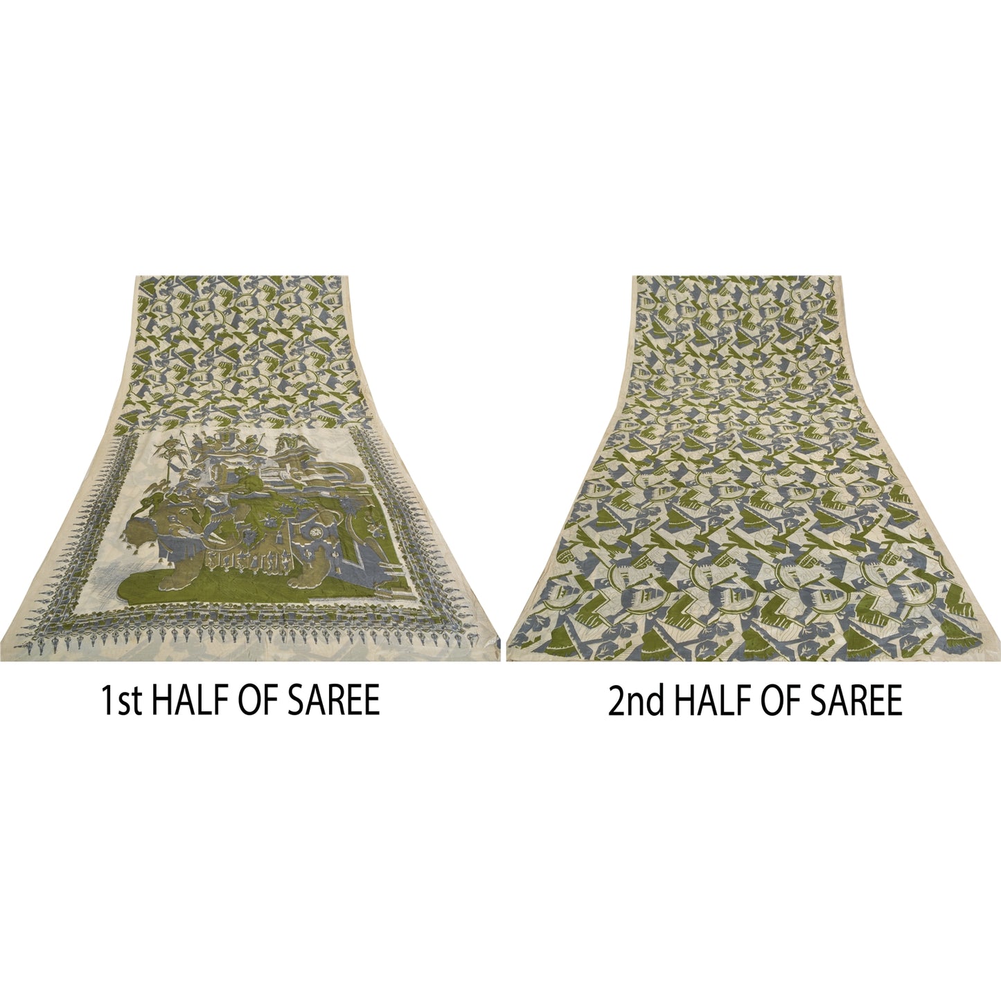 Sanskriti Vintage Sarees Indian Ivory Pure Silk Printed Sari 5 yard Craft Sustainable Fabric