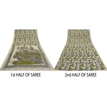 Sanskriti Vintage Sarees Indian Ivory Pure Silk Printed Sari 5 yard Craft Sustainable Fabric