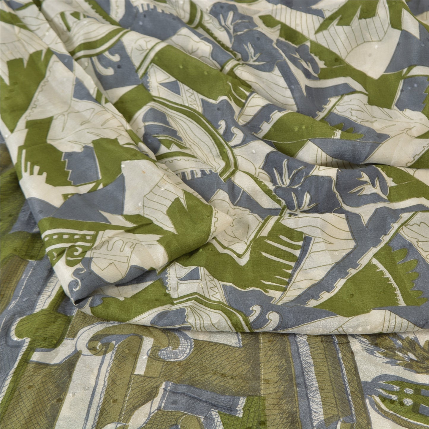 Sanskriti Vintage Sarees Indian Ivory Pure Silk Printed Sari 5 yard Craft Sustainable Fabric