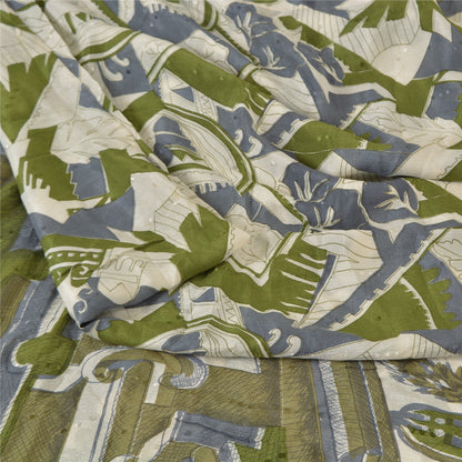 Sanskriti Vintage Sarees Indian Ivory Pure Silk Printed Sari 5 yard Craft Sustainable Fabric