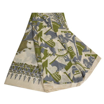 Sanskriti Vintage Sarees Indian Ivory Pure Silk Printed Sari 5 yard Craft Sustainable Fabric