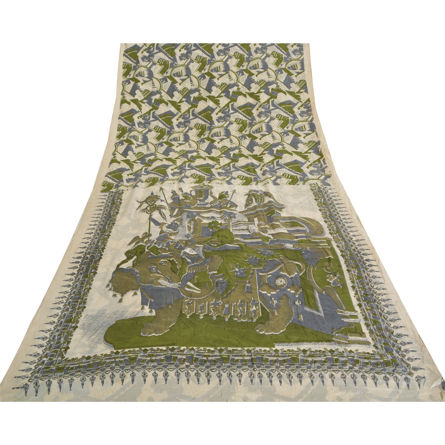 Sanskriti Vintage Sarees Indian Ivory Pure Silk Printed Sari 5 yard Craft Sustainable Fabric