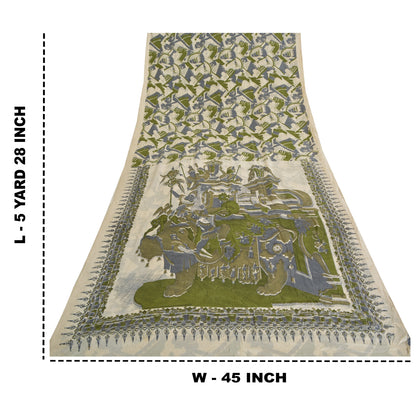 Sanskriti Vintage Sarees Indian Ivory Pure Silk Printed Sari 5 yard Craft Sustainable Fabric