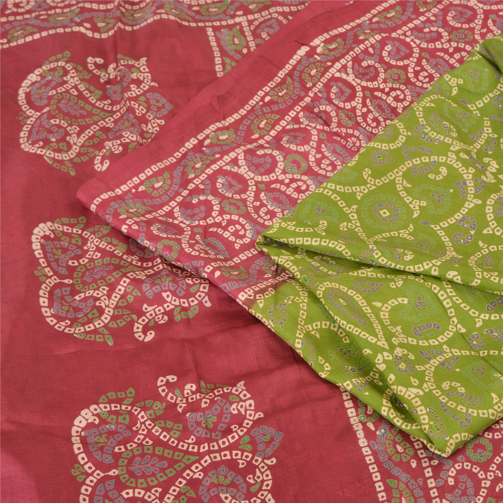 Sanskriti Vintage Saree Green & Red 100% Pure Silk 5+Yd Saree Bandhani Geometric Pattern Printed Craft Fabric Decor, Sewing, DIY Projects