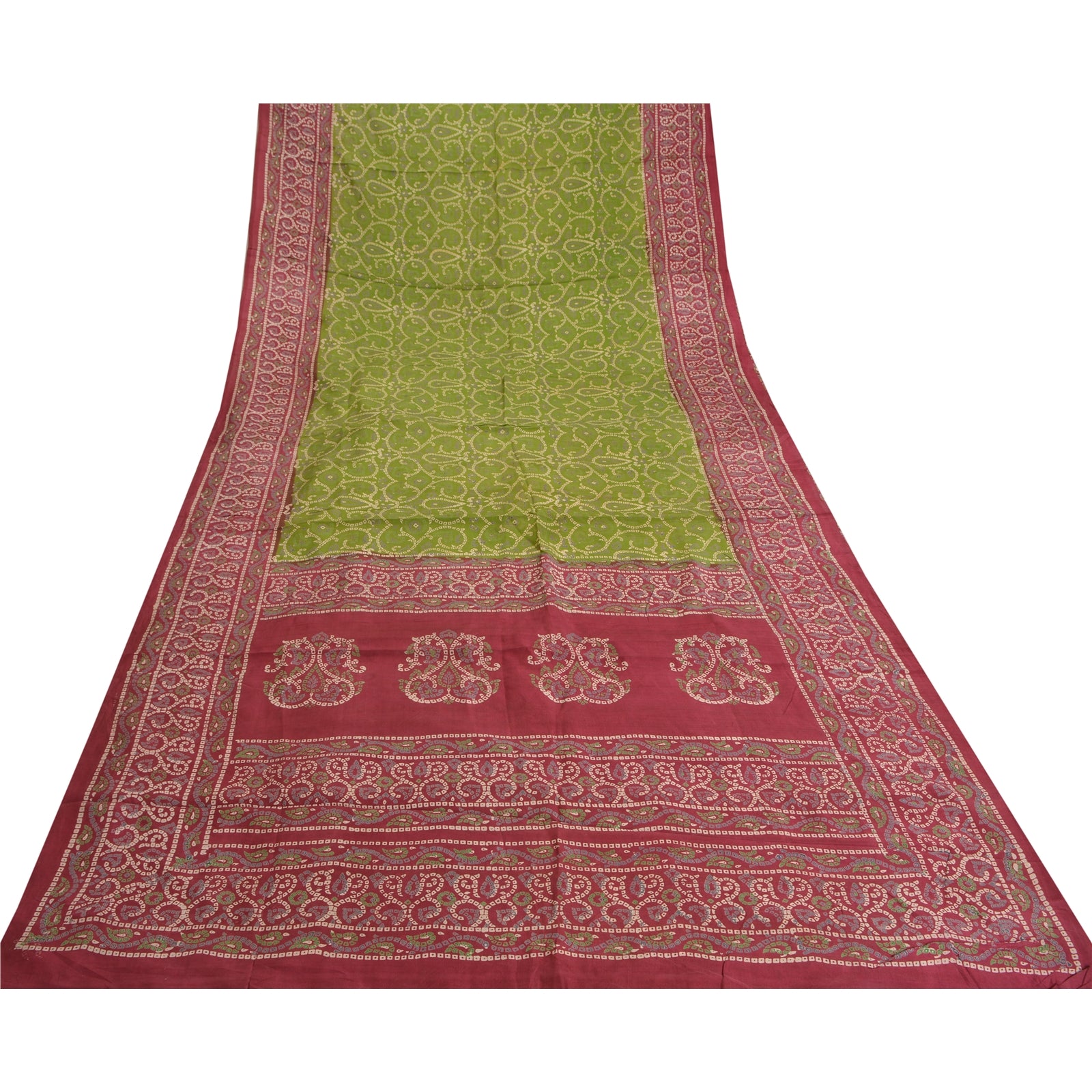 Sanskriti Vintage Saree Green & Red 100% Pure Silk 5+Yd Saree Bandhani Geometric Pattern Printed Craft Fabric Decor, Sewing, DIY Projects