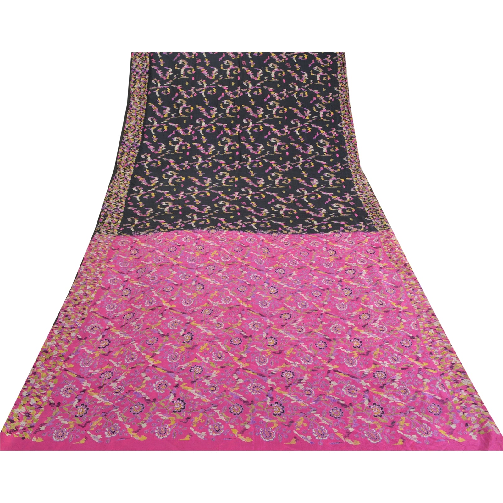 Sanskriti Vintage 100% Pure Silk Sarees Fabric: Black & Pink Floral Print Saree 5 Yd Floral Craft Supply Upcycled Sarongs, Scarves