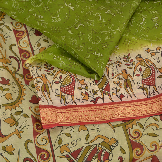 Sanskriti Vintage Sarees Indian Green Pure Silk Human Printed Sari Craft Sustainable Fabric