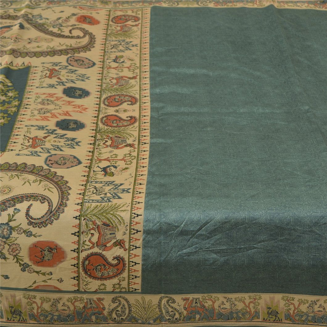 Sanskriti Vintage Sarees Indian Grayish Blue Pure Silk Printed Sari Craft Fabric
