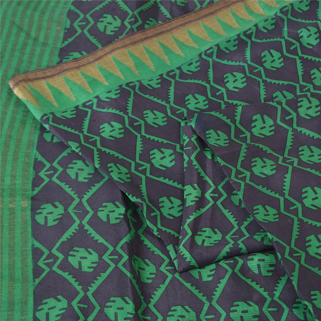 Sanskriti Vintage Sarees Purple/Green Woven Print Pure Silk Sari Craft Fabric