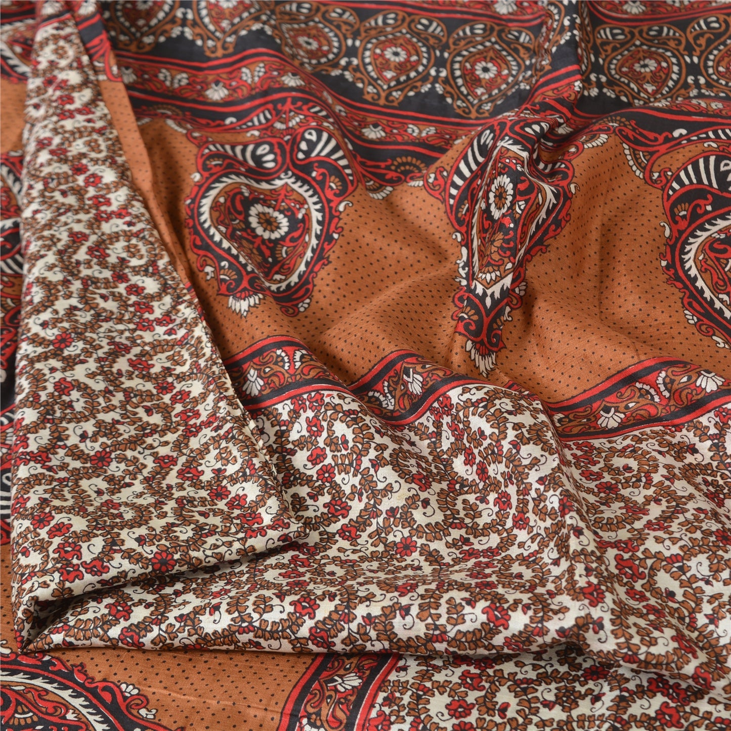 Sanskriti Vintage Sarees Indian Cream Pure Silk Printed Sari 6yd Craft Sustainable Fabric