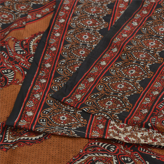 Sanskriti Vintage Sarees Indian Cream Pure Silk Printed Sari 6yd Craft Sustainable Fabric