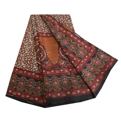 Sanskriti Vintage Sarees Indian Cream Pure Silk Printed Sari 6yd Craft Sustainable Fabric