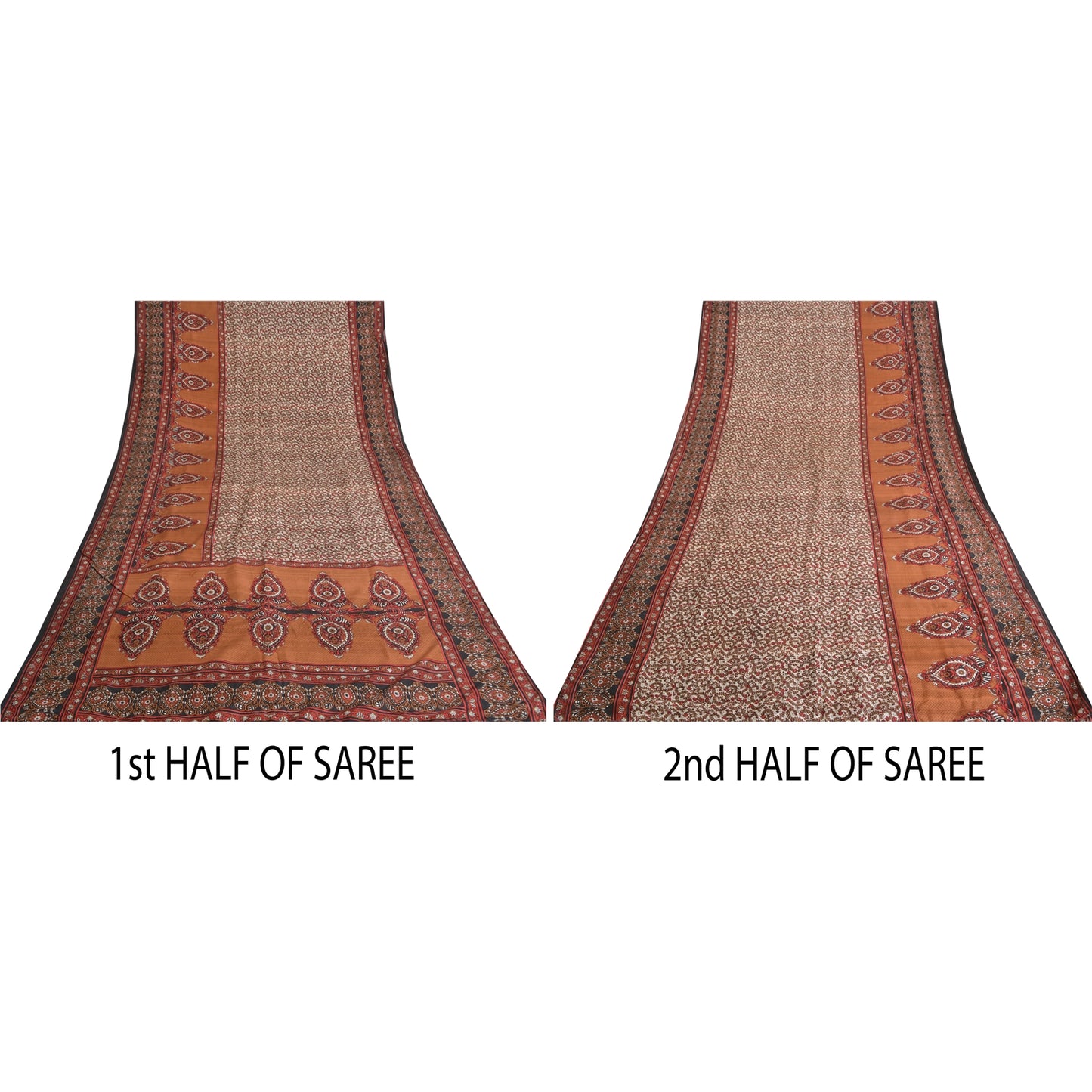 Sanskriti Vintage Sarees Indian Cream Pure Silk Printed Sari 6yd Craft Sustainable Fabric