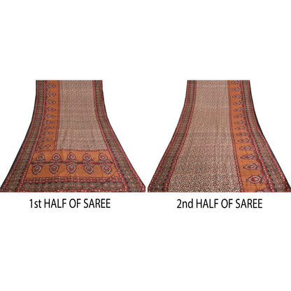 Sanskriti Vintage Sarees Indian Cream Pure Silk Printed Sari 6yd Craft Sustainable Fabric