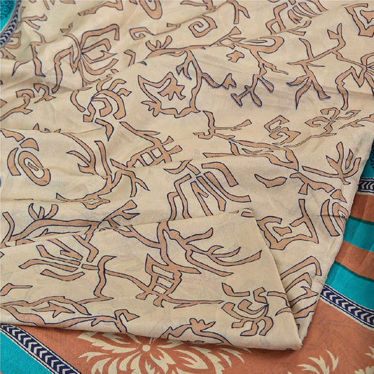 Sanskriti Vintage Sarees Indian Ivory 100% Pure Silk Printed Sari Craft Sustainable Fabric