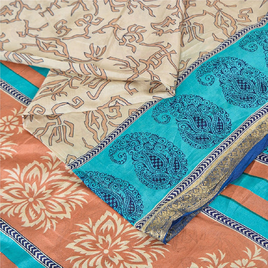 Sanskriti Vintage Sarees Indian Ivory 100% Pure Silk Printed Sari Craft Sustainable Fabric