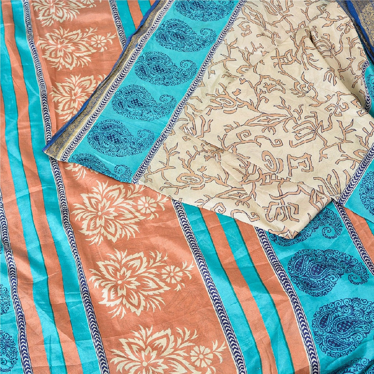 Санскритские винтажные сари индийское слоновая кость 100% чистый шелк напечатанное сари ремесло устойчивая ткань