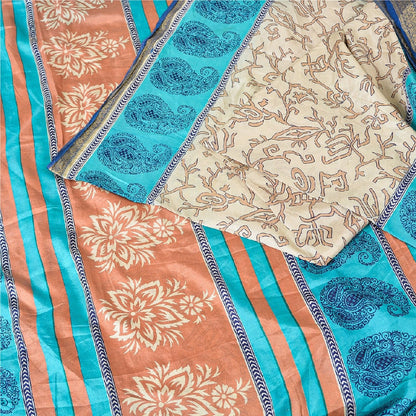 Санскритские винтажные сари индийское слоновая кость 100% чистый шелк напечатанное сари ремесло устойчивая ткань