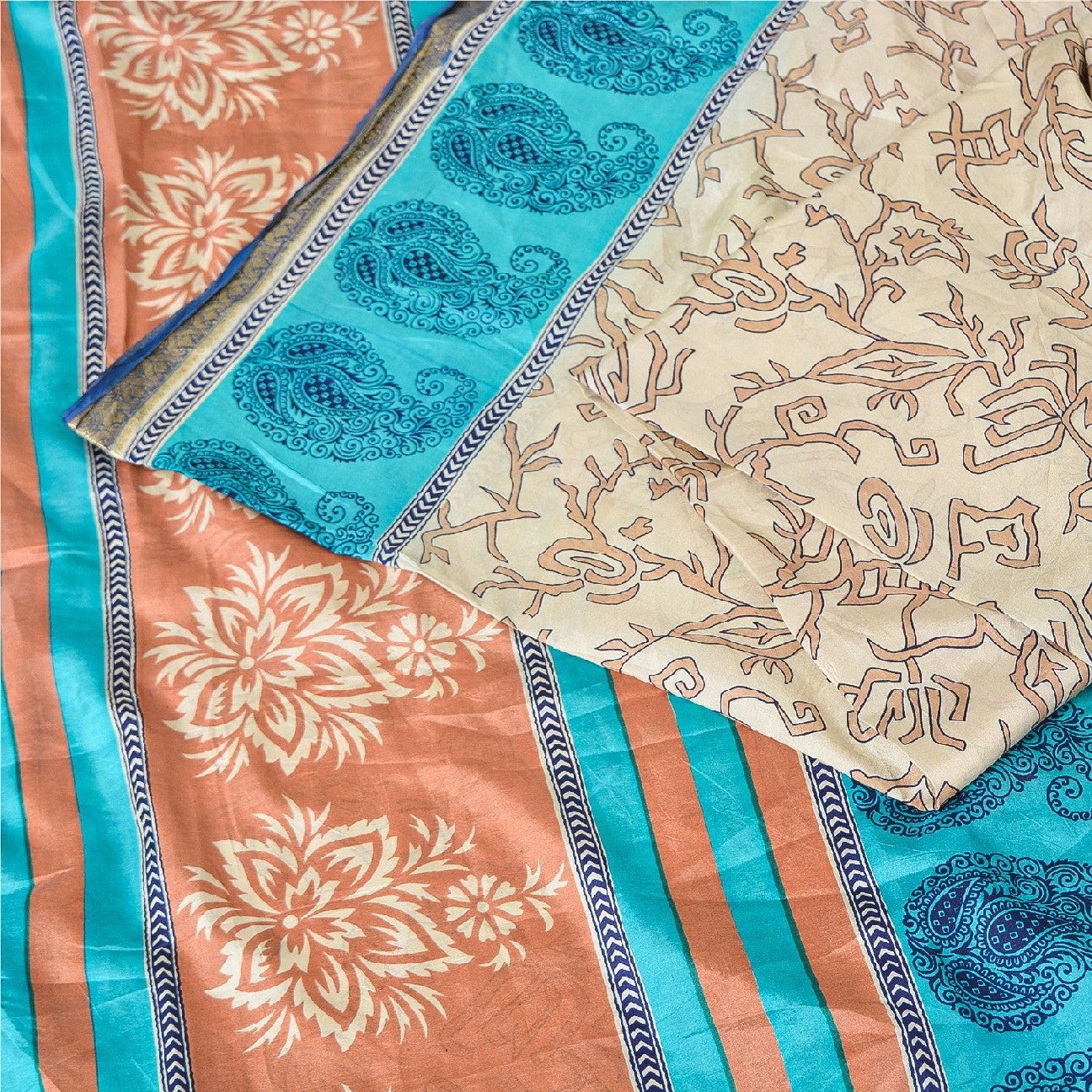 Санскритские винтажные сари индийское слоновая кость 100% чистый шелк напечатанное сари ремесло устойчивая ткань