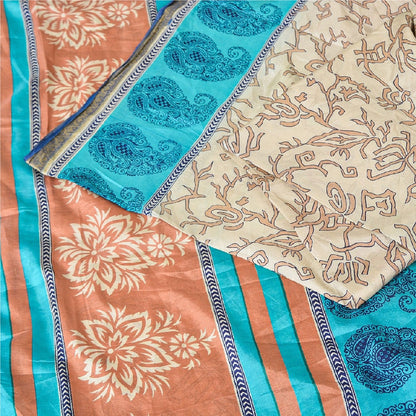 Санскритские винтажные сари индийское слоновая кость 100% чистый шелк напечатанное сари ремесло устойчивая ткань