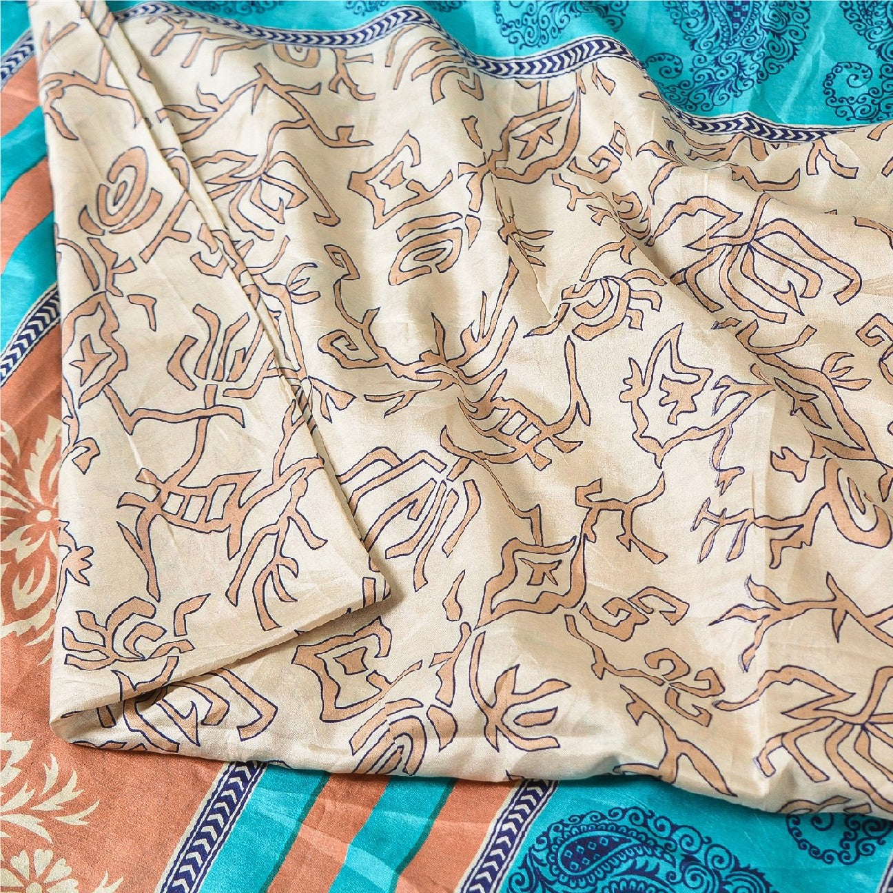 Санскритские винтажные сари индийское слоновая кость 100% чистый шелк напечатанное сари ремесло устойчивая ткань