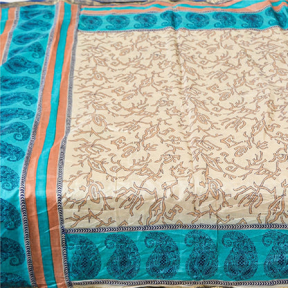 Санскритские винтажные сари индийское слоновая кость 100% чистый шелк напечатанное сари ремесло устойчивая ткань