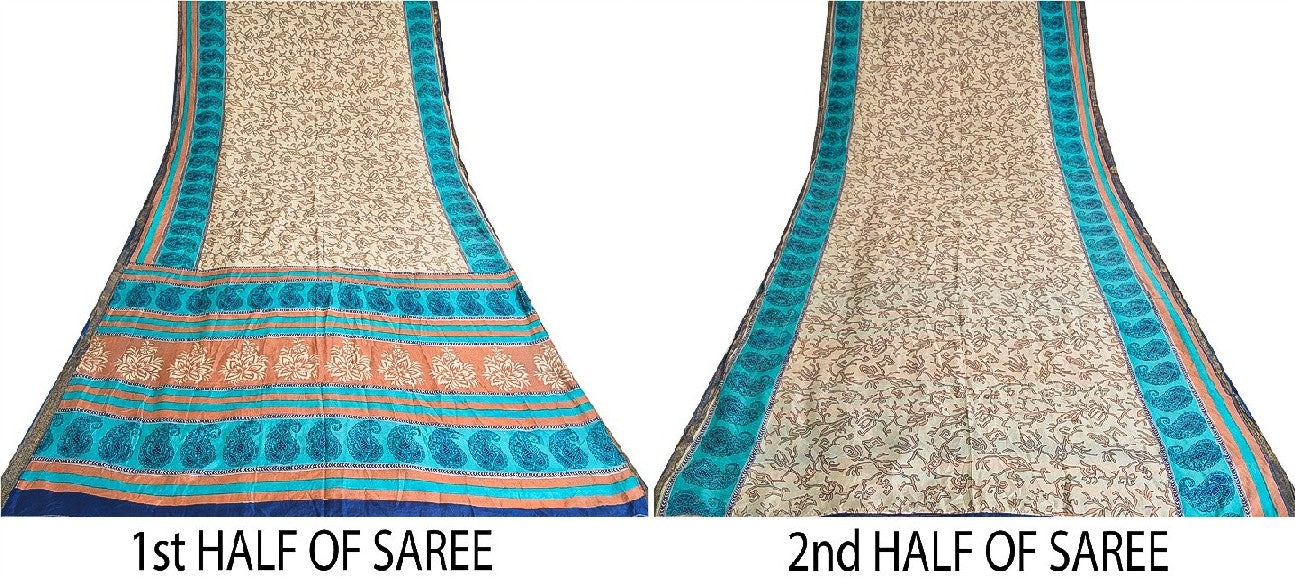 Санскритские винтажные сари индийское слоновая кость 100% чистый шелк напечатанное сари ремесло устойчивая ткань