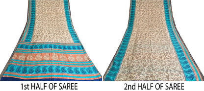 Санскритские винтажные сари индийское слоновая кость 100% чистый шелк напечатанное сари ремесло устойчивая ткань