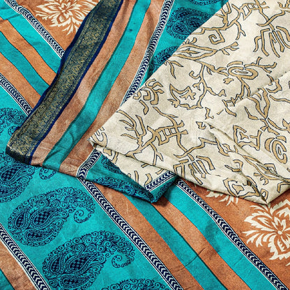 Санскритские винтажные сари индийское слоновая кость 100% чистый шелк напечатанное сари ремесло устойчивая ткань