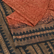 Sanskriti Vintage Sarees Indian Orange/Black Pure Silk Printed Sari Craft Fabric