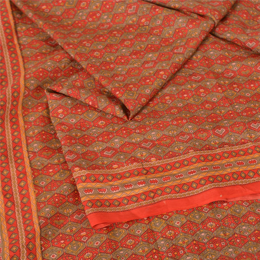 Sanskriti Vintage Sarees Orange/Gray Pure Silk Printed Sari Decor Craft Sustainable Fabric