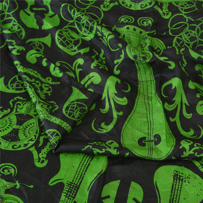 Sanskriti Vintage Sarees Black/Green Pure Silk MusicInstrument Print Sari Sustainable Fabric