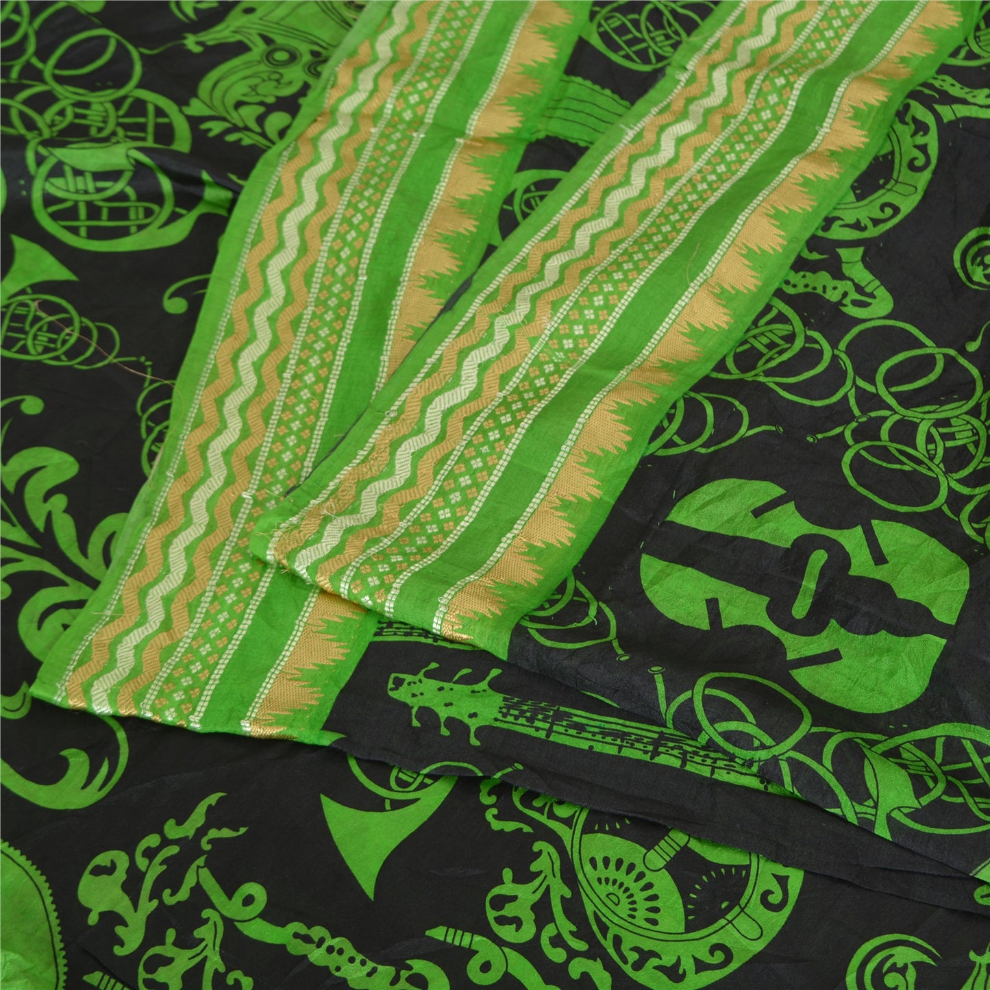 Sanskriti Vintage Sarees Black/Green Pure Silk MusicInstrument Print Sari Sustainable Fabric
