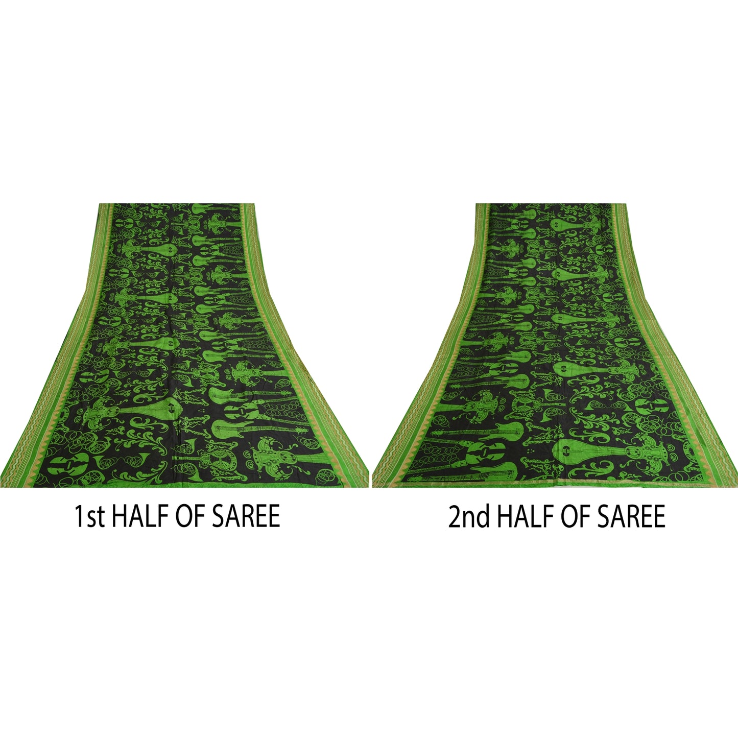 Sanskriti Vintage Sarees Black/Green Pure Silk MusicInstrument Print Sari Sustainable Fabric