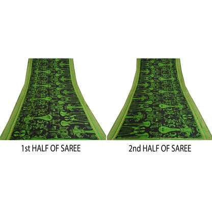 Sanskriti Vintage Sarees Black/Green Pure Silk MusicInstrument Print Sari Sustainable Fabric
