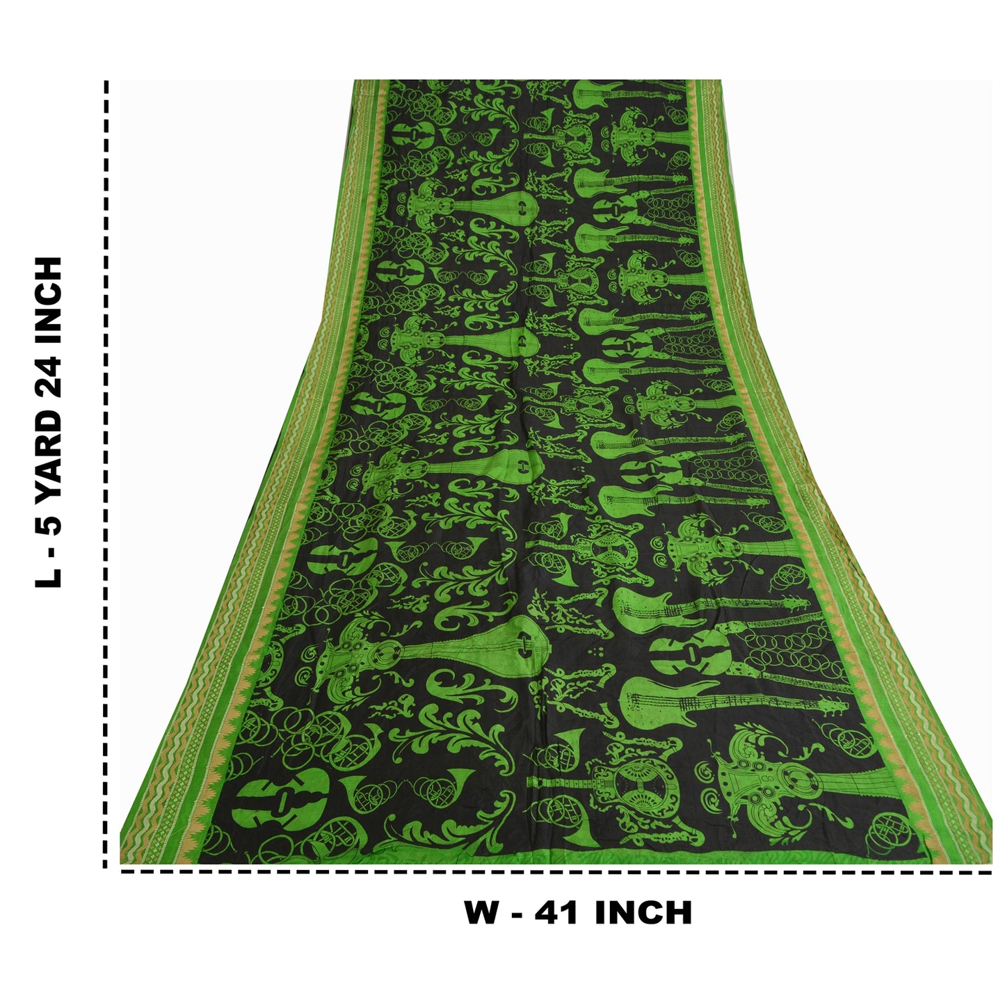 Sanskriti Vintage Sarees Black/Green Pure Silk MusicInstrument Print Sari Sustainable Fabric