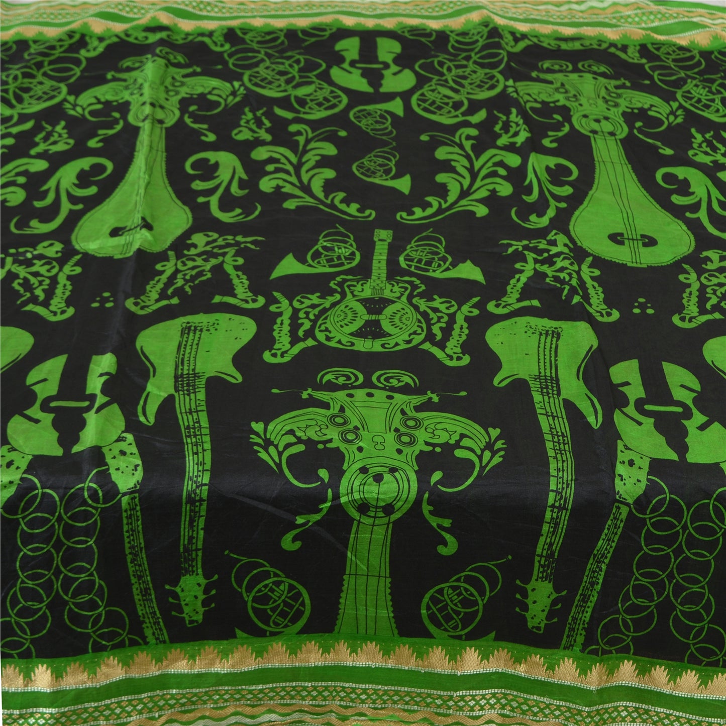 Sanskriti Vintage Sarees Black/Green Pure Silk MusicInstrument Print Sari Sustainable Fabric