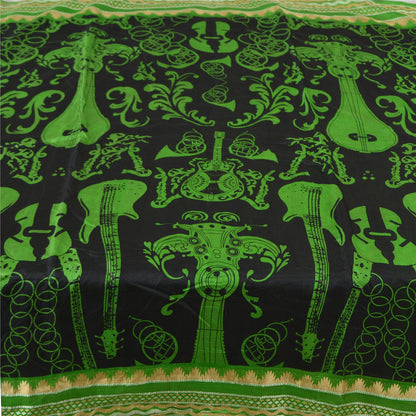 Sanskriti Vintage Sarees Black/Green Pure Silk MusicInstrument Print Sari Sustainable Fabric