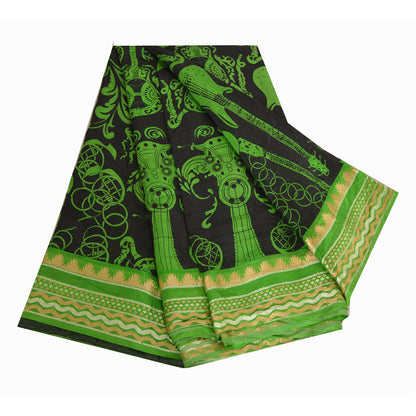 Sanskriti Vintage Sarees Black/Green Pure Silk MusicInstrument Print Sari Sustainable Fabric