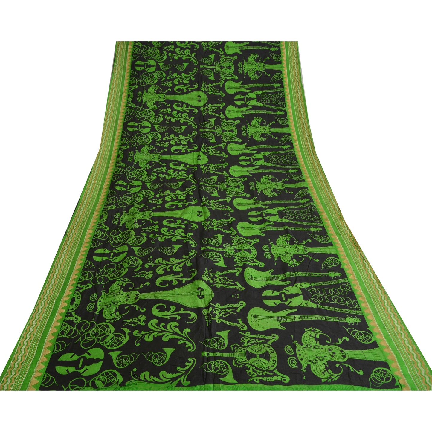 Sanskriti Vintage Sarees Black/Green Pure Silk MusicInstrument Print Sari Sustainable Fabric