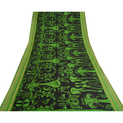 Sanskriti Vintage Sarees Black/Green Pure Silk MusicInstrument Print Sari Sustainable Fabric