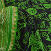 Sanskriti Vintage Sarees Black/Green Pure Silk MusicInstrument Print Sari Sustainable Fabric