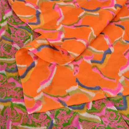 Sanskriti Vintage Sarees From India Orange Pure Silk Printed Sari Craft Sustainable Fabric