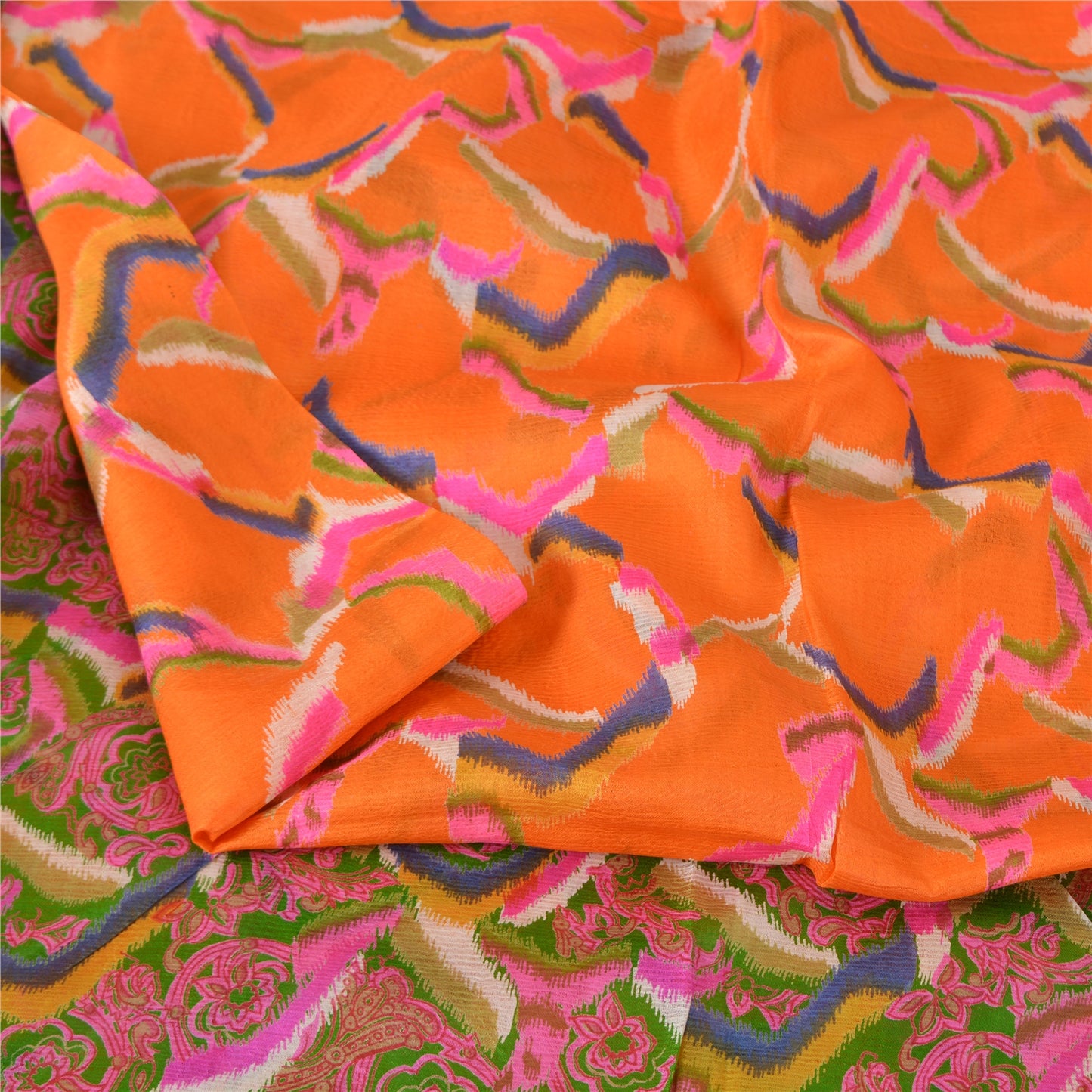 Sanskriti Vintage Sarees From India Orange Pure Silk Printed Sari Craft Sustainable Fabric