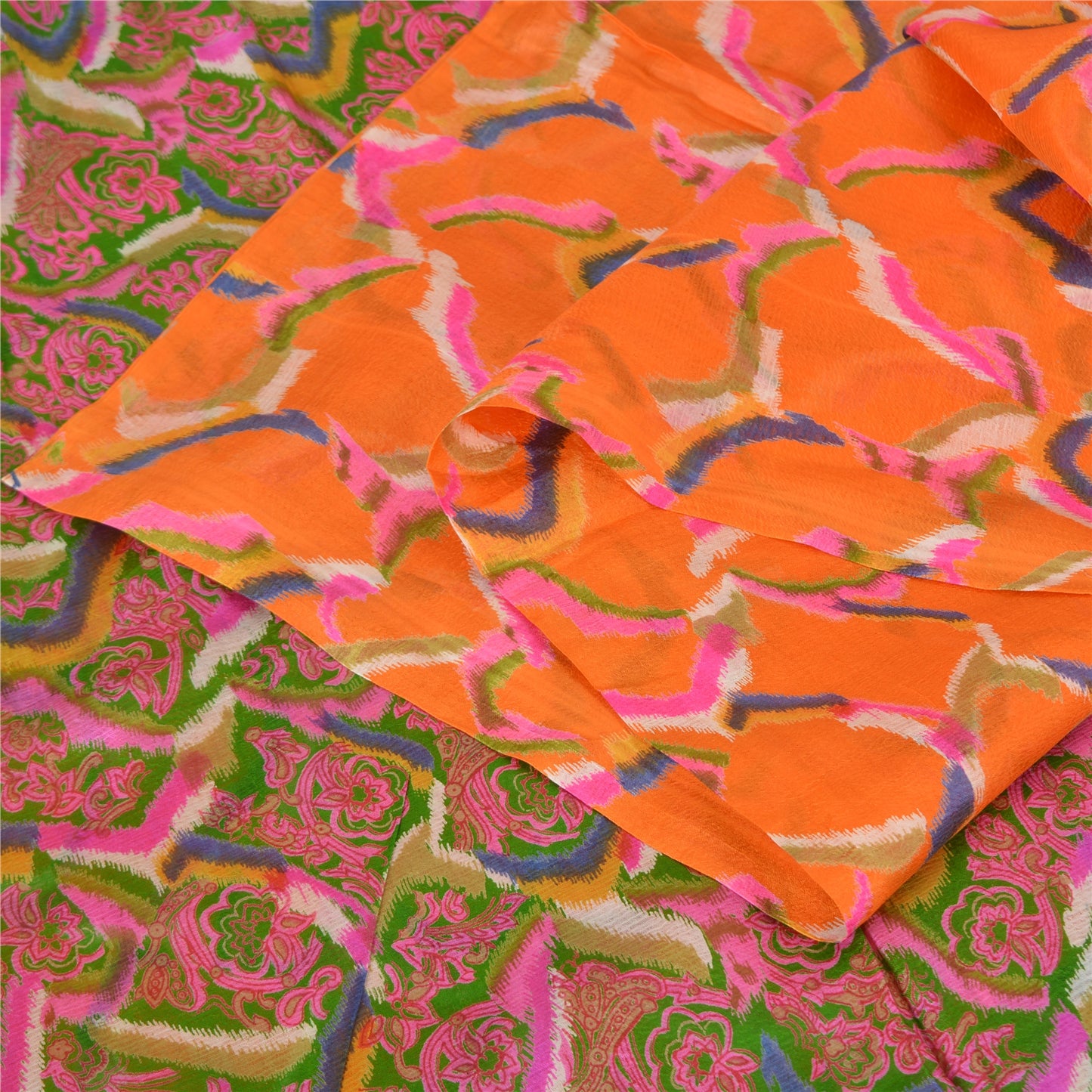 Sanskriti Vintage Sarees From India Orange Pure Silk Printed Sari Craft Sustainable Fabric