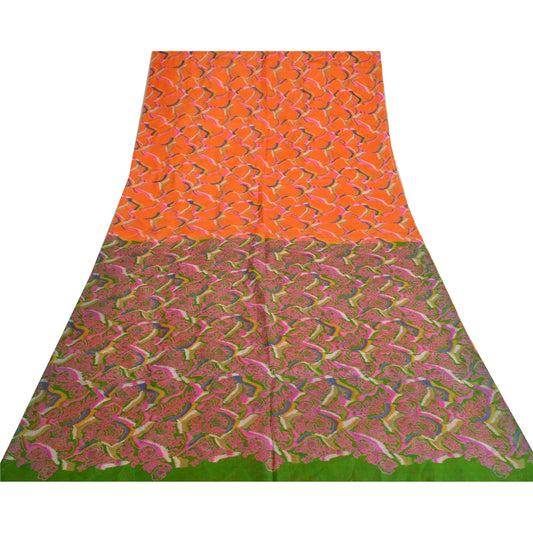 Sanskriti Vintage Sarees From India Orange Pure Silk Printed Sari Craft Sustainable Fabric